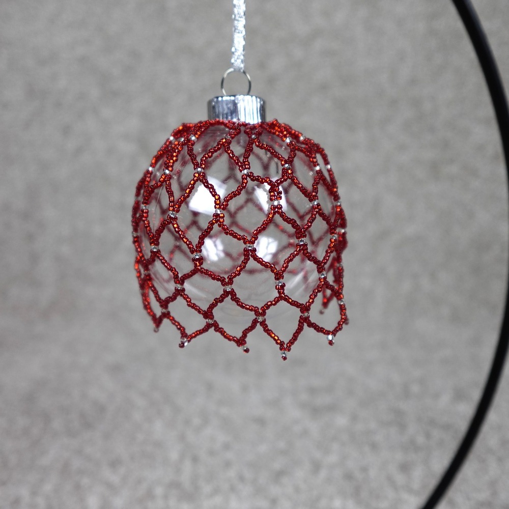 Handmade Red Beaded Net Clear Acrylic Ball Christmas Ornament Silver Ribbon